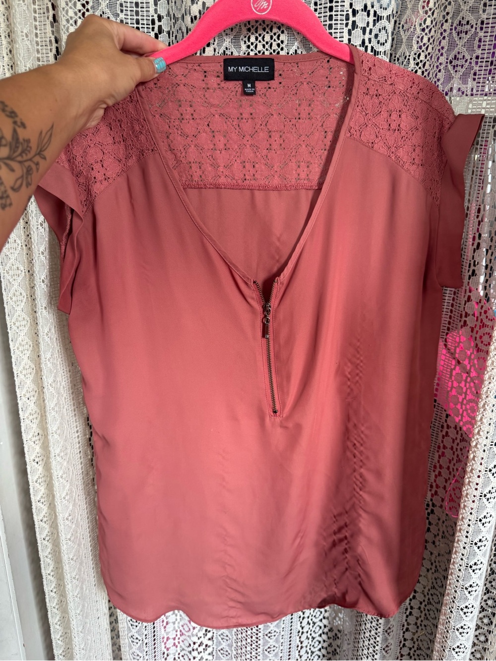 My Michelle Rose Lace Yoke Zip-Front Blouse